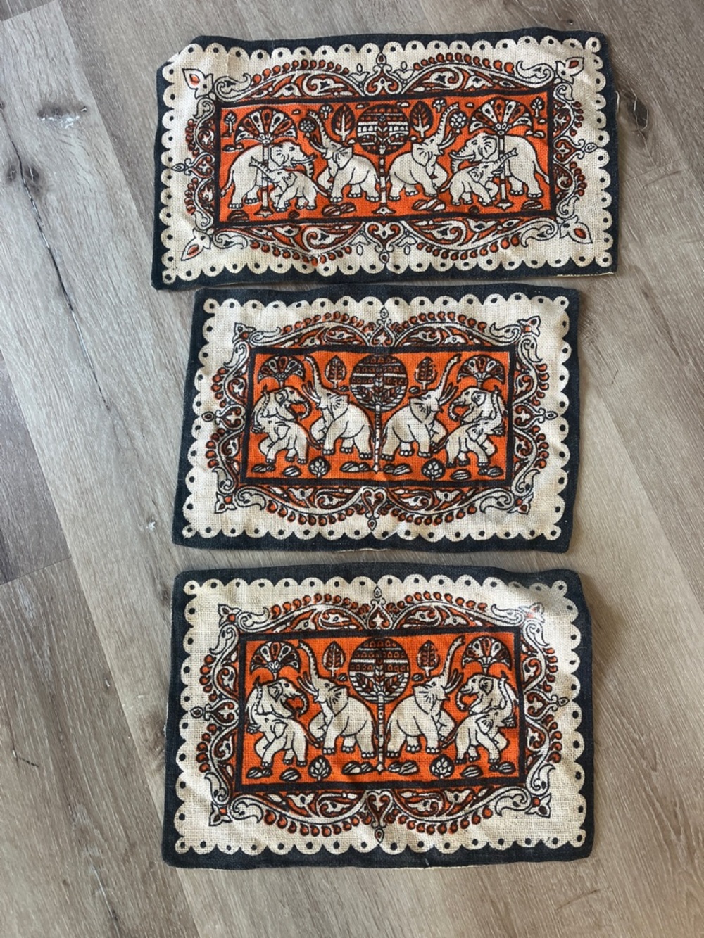 🧡Set of 3 Orange & Cream Elephant Textile Placemats/Tapestries
